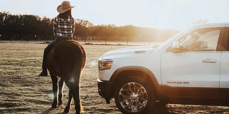 Woman in a cowboy hat riding a horse next to a white pickup truck in a field at sunset.